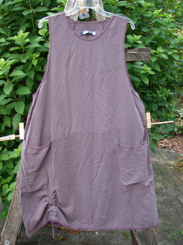 Barclay NWT Lyocell Joyous Jumper Unpainted Fig Size 0 features widening vertical seams, double drop front pockets, deep arm openings, and an A-line shape, displayed hanging outdoors.
