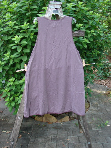 Barclay NWT Lyocell Joyous Jumper Unpainted Fig Size 0 hangs on a wooden rack, showcasing its vertical seams, double drop pockets, and A-line shape, embodying Bluefishfinder.com's vintage, expressive style.