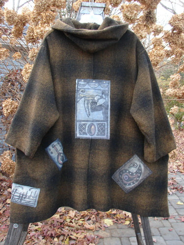 1995 Patched Hooded Autumn Jacket Music Man Cottage Brown Plaid OSFA, featuring a cozy double-lined hood, oversized vintage buttons, deep side pockets, foldable patched cuffs, and an A-line shape.