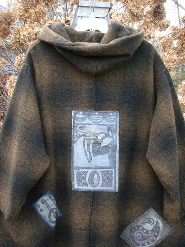 1995 Patched Hooded Autumn Jacket Music Man Cottage Brown Plaid OSFA featuring a large hood, oversized buttons, deep side pockets, and various unique patches.