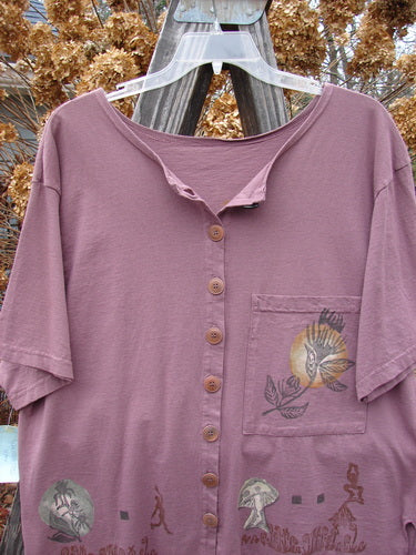 1994 NWT Camp Shirt Moon Flower Plum Size 1: Cotton jersey shirt with Varying Hemline, Oversized Breast Pocket, Blue Fish Buttons, Vented Sides, and Moon Flower Theme Paint.