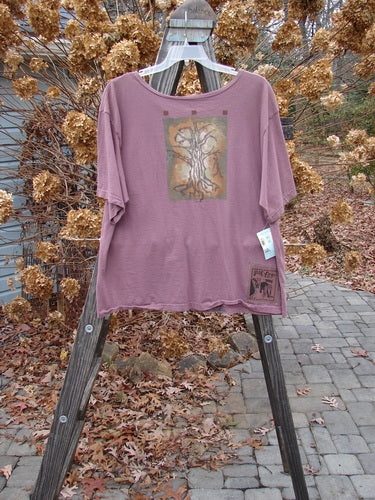 1994 NWT Camp Shirt Moon Flower Plum Size 1: A purple shirt with a tree design on a wooden stand.