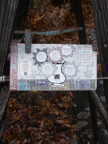 2000 Spring 2 Catalog Growth One Size, featuring a sign with flowers and a close-up of brown leaves, showcasing the vintage Blue Fish Clothing collection with color charts, line drawings, and poetry.