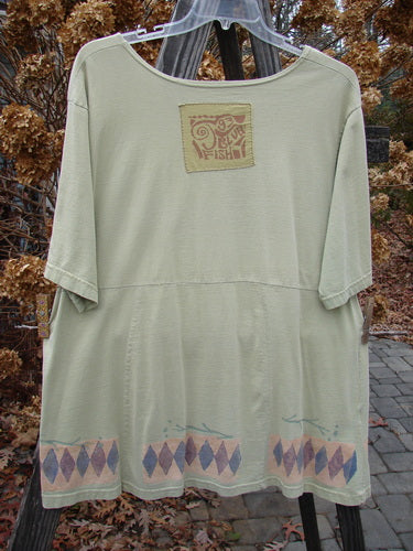 Image alt text: "1993 3 Square Dress with trinket diamond logo on a white shirt, featuring six sectional panels and a slight empire waist seam. Perfect condition. Bust 48, Waist 48, Hips 50, Length 34 inches."
