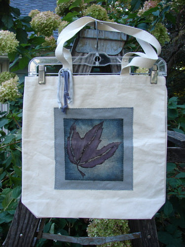 1998 PMU Patched Organic Cotton Canvas Tote Bag Oak Leaf Natural One Size featuring a purple leaf design, crafted from heavyweight canvas with long straps and gusset bottom, celebrating sustainable creativity by Bluefishfinder.com.