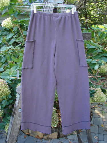 2000 Thermal Pathway Pant Unpainted True Eggplant Size 1 hanging outdoors, showcasing its replaced elastic waistband, two cargo pockets, and unique double-paneled lower cuff with lettuce edge stitchery.