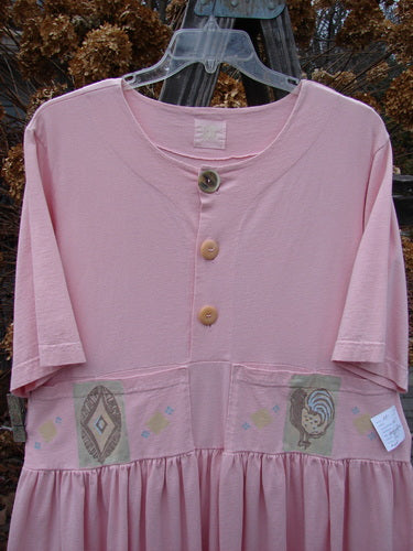1999 NWT Garden Herb Dress Rooster Peony Size 1 featuring buttons, a chicken design, four-paneled pockets, drop waistline, and varying hemline, made from organic cotton, in mint condition.