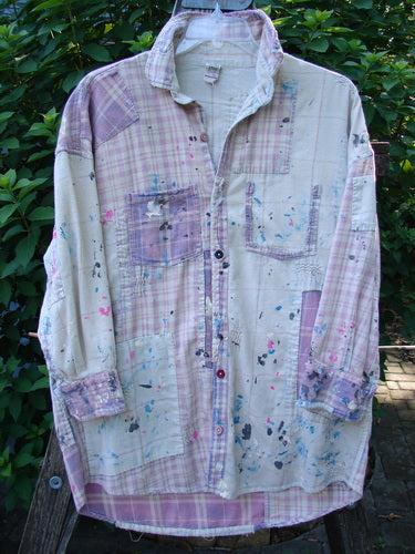 Magnolia Pearl Flannel Patched Surfside Shirt Sun Bleached OSFA features paint splatters, generous patching, and hand distressing, with button cuffs, front hem variation, and a signature rear patch.
