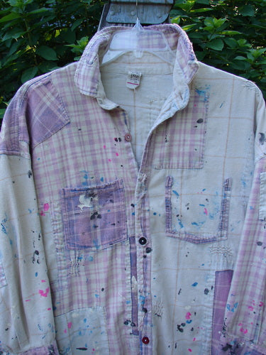 Magnolia Pearl Flannel Patched Surfside Shirt Sun Bleached OSFA featuring generous patching, hand distressing, long sleeves with button cuffs, front buttons and snaps, single breast pocket, and rear signature patch.