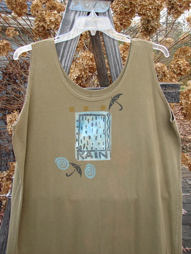 1992 Tank Dress Rain Rosemary OSFA: A vintage tank dress with a straight cut, scoop neckline, and rain-themed paint elements. Made from mid-weight cotton, it fits all sizes.