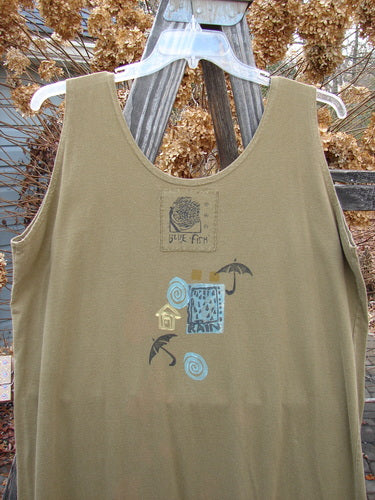 Image alt text: "1992 Tank Dress with Rain and Blue Fish Patch, tan tank top with graphic design, mid-weight cotton, straight cut, scoop neckline"