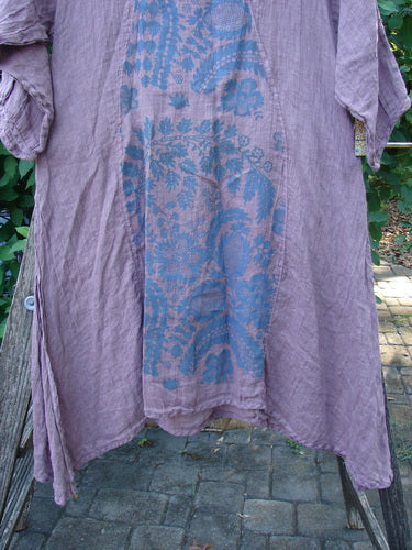 Barclay NWT Linen Venetian Dress Fern Field Tulsi Rose Size 0 displayed on a wooden ladder, featuring an oval neckline, varying hemline, and pinched three-quarter sleeves, embodying BlueFishFinder's unique vintage aesthetic.