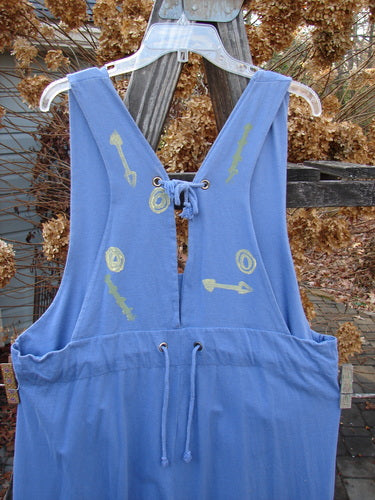1993 Railroad Overall Jumper Abstract Tool Periwinkle Size 1: A rare, hand-painted blue overall with swingy lowers, deep neckline, and tiny front pockets.