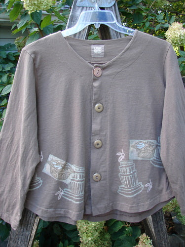 1999 Coffee Top Fancy Pot Riverbed Size 1 features a unique drawing of a tower, button closures, and a drawcord back, reflecting Blue Fish's creative and vintage style.