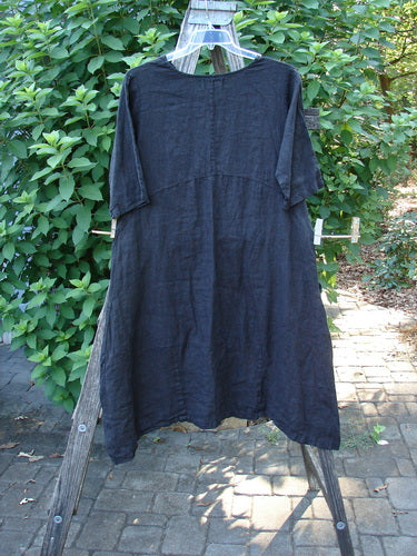 Barclay NWT Linen Cross Over Serenade Urchin Dress Unpainted Black Size 0, displayed on a clothes rack, features a unique one-sided crossover neckline, empire waist seams, and double exterior side pockets.