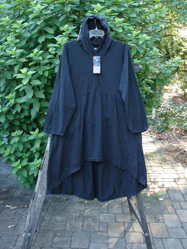 Barclay NWT Hi Low Hooded Pocket Tunic Unpainted Black Size 0 features a cozy cordless hood, raw-edged long sleeves, significant hi-low front, wide flared swing, dual side pockets, and empire waist seam.