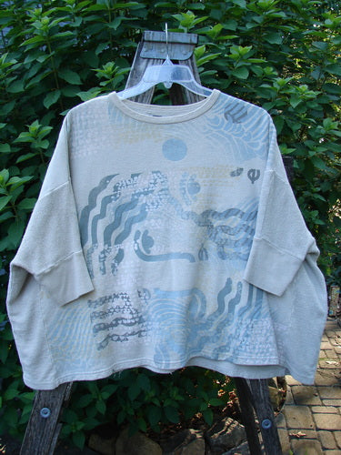 Barclay Hemp Cotton Banded Sleeve Colors Sweatshirt Elements Cloud OSFA displayed outdoors, showcasing its wide boxy shape, rounded neckline, dolman sleeves, and contrasting textured hemp side panels.