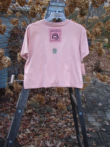 1994 NWT Short Sleeved Tee Garden Critter Seashell Size 3 displayed on a hanger, featuring a ribbed neckline and a garden critter theme with a signature Blue Fish poetry patch.