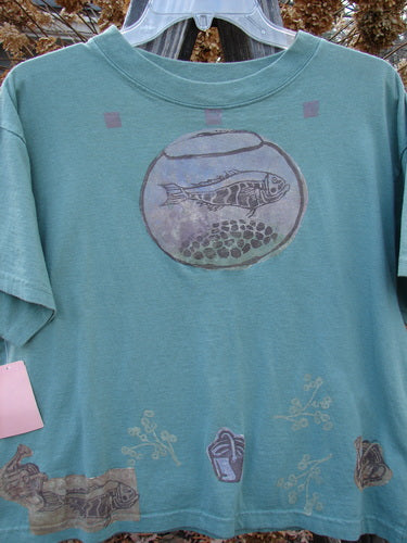1994 NWT Short Sleeved Tee Fish Bowl Seagrass Size 3, featuring a fish bowl graphic, short sleeves, thicker ribbed neckline, slight bottom flair, and Blue Fish Poetry patch.