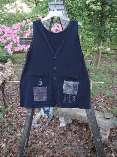 1994 Two Pocket Vest Celestial Garden Fairy Black Altered Size 1 features an A-line shape, V neckline, two painted drop pockets, and original Taganut buttons, showcasing Bluefishfinder.com's vintage style.