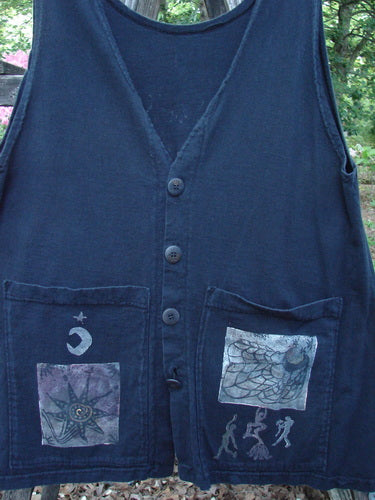 1994 Two Pocket Vest Celestial Garden Fairy Black Altered Size 1 features an A-line shape with V-neckline, two painted drop pockets, original buttons, and a garden fairy theme from Bluefishfinder’s Transitions Collection.
