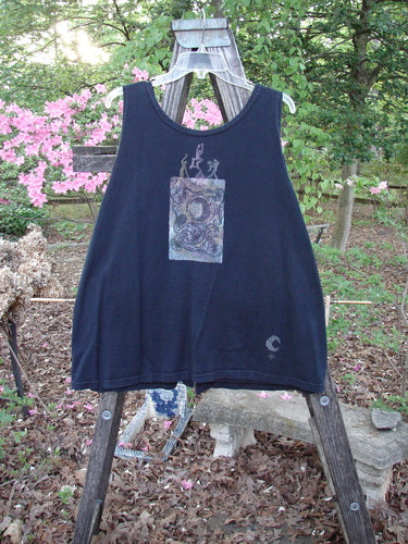1994 Two Pocket Vest Celestial Garden Fairy Black Altered Size 1 features an A-line shape, V-neckline, two painted drop pockets, and original buttons, embodying BlueFishFinder's vintage expressive style.