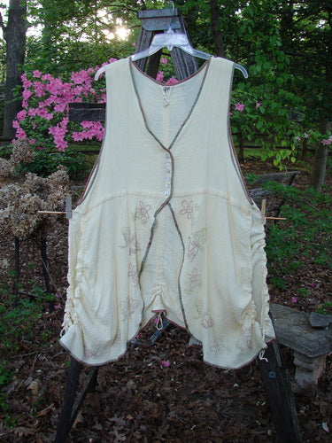 1997 Gauze Long Tail Button Vest Floral Kukicha OSFA, featuring a soft floral theme, empire waist, and rainbow ribbon edging. Showcases sectional panels and high side vents, ideal for layering.