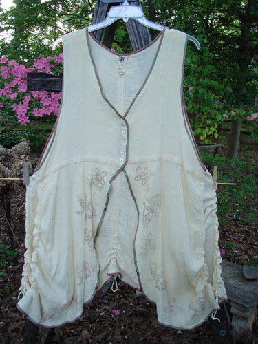 1997 Gauze Long Tail Button Vest Floral Kukicha OSFA, featuring soft floral patterns, hand-dyed silk rainbow ribbon edging, and perfect pearly buttons, designed for layering with a breezy, open silhouette.