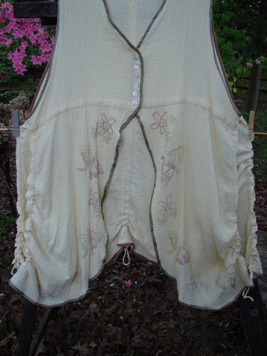 1997 Gauze Long Tail Button Vest Floral Kukicha OSFA features soft floral patterns, pearly buttons, hand-dyed silk ribbon edging, and sectional panels, perfect for layering with vintage Blue Fish Clothing.