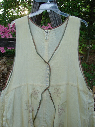 1997 Gauze Long Tail Button Vest Floral Kukicha OSFA from Bluefishfinder.com, featuring hand-dyed silk rainbow ribbon edging, trio pull cords, and pearly buttons; a vintage piece for creative layering.