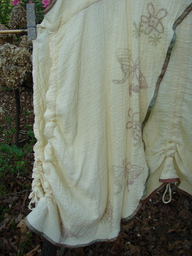 1997 Gauze Long Tail Button Vest Floral Kukicha OSFA, showcasing a double-layered cotton gauze design with hand-dyed silk ribbon edging, pearly buttons, and a soft floral pattern, ideal for layering.