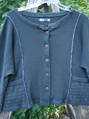 Barclay Thermal Exterior Stitch Two Pocket Jacket Geos Army Size 0, showcasing close-up details of the medium-weight thermal fabric, cotton lycra dolman sleeves, and distinctive exterior stitchery with painted pocket designs.