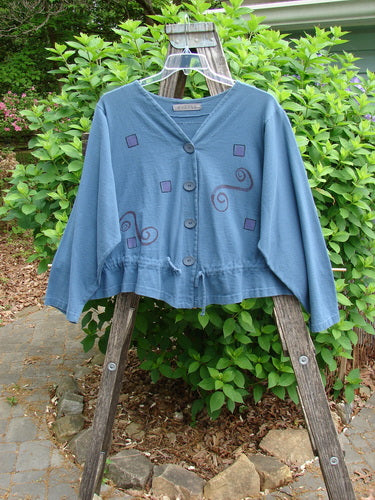 1997 Treehouse Jacket Path Less Traveled Blueprint Size 2 in mid-weight organic cotton, features a double-paneled V-neck, Blue Fish buttons, drawcord flounce, unique hemline, and signature Blue Fish patch at the back.