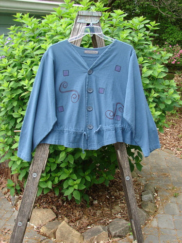 1997 Treehouse Jacket Path Less Traveled Blueprint Size 2 in mid-weight organic cotton, features a double-paneled V-neck, Blue Fish buttons, drawcord flounce, unique hemline, and signature Blue Fish patch at the back.