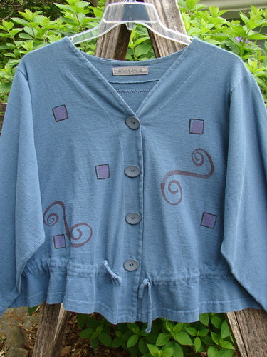 1997 Treehouse Jacket features a double-paneled V-neck, four original Blue Fish buttons, drawcord flounce, and varying hemline, embodying the Path Less Traveled theme, in Blueprint, size 2.