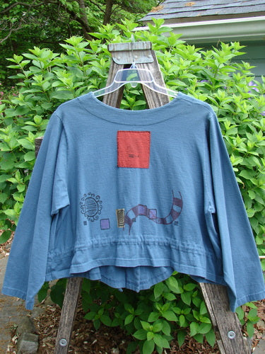 1997 Treehouse Jacket Path Less Traveled Blueprint Size 2 features a double-paneled V-neck, unique Blue Fish buttons, drawcord flounce, themed paint, varying hemline, and signature back patch.