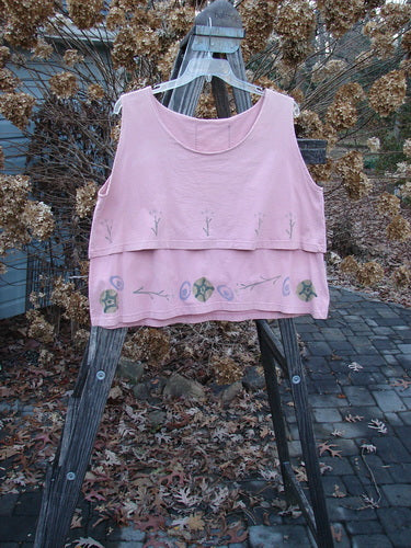 1993 Parallel Top Twig Ash Pink OSFA displayed on a wooden ladder, featuring a crop A-line cut, wide round neckline, double-layered bodice, and a tiny twig paint theme.