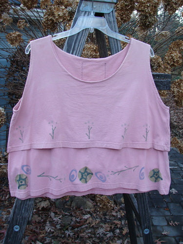 1993 Parallel Top Twig Ash Pink OSFA displayed on a hanger, featuring a crop A-line cut with a rounded neckline, double-layered bodice, twig-themed paint, and Blue Fish patch at the back.