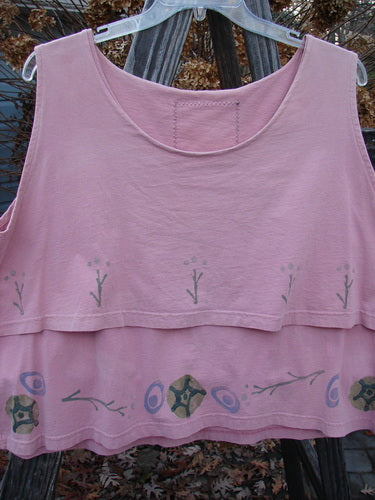 1993 Parallel Top Twig Ash Pink OSFA: A double-layered cotton tank top with a wide, rounded neckline and a crop A-line cut. Features a twig theme paint design and a Blue Fish patch on the back. Bust 48, Waist 48, Hips 52, Hem Circumference 56, Length 23.