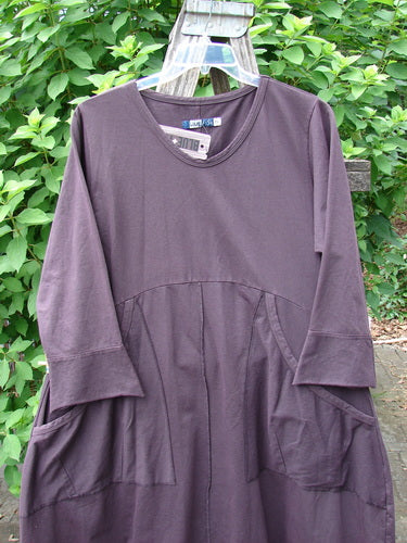 Barclay NWT Cotton Lycra Bell Urchin Pocket Dress Unpainted Dulse Size 0 displayed on a clothes rack, showcasing its unique bell-shaped design and pocket detail, highlighting its heavy-weight Lycra texture.