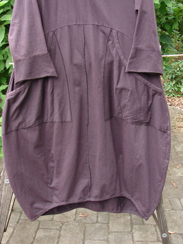 Barclay NWT Cotton Lycra Bell Urchin Pocket Dress Unpainted Dulse Size 0 hangs on a clothesline, showcasing its heavy-weight texture and unique design, reflecting Bluefishfinder.com's vintage, expressive ethos.