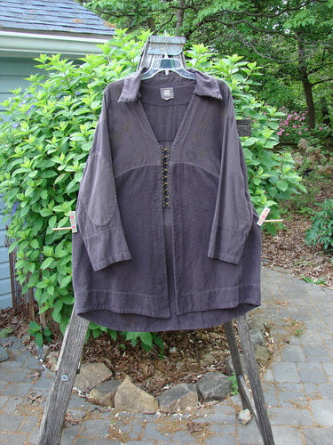 2000 Fanne Shirt Bubble Brum Size 1 features contrasting flannel and canvas patterns, a deep V-neck, empire seams, and a rounded hemline, embodying Bluefishfinder.com's vintage, creative style.