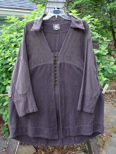 2000 Fanne Shirt Bubble Brum Size 1: Winter 2000 collection flannel shirt with contrasting patterns, deep V-neck, hook and eye closures, and a rounded hem, embodying Bluefishfinder.com's vintage style.