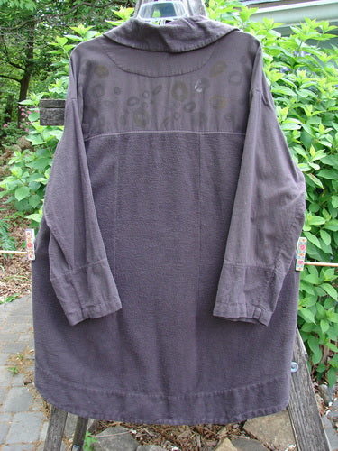 The 2000 Fanne Shirt Bubble Brum Size 1 features a contrasting flannel and canvas pattern, deep V-neck, hook and eye closures, and a rounded double-paneled hemline, embodying Blue Fish Vintage style.