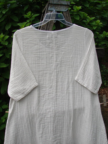 Barclay NWT Gauze Hi Low Batiste Flutter Dress, Unpainted Jasmine Dew, Size 0, displayed on a clothes rack, showcasing its delicate sleeve pattern and flowing, asymmetrical hemline.