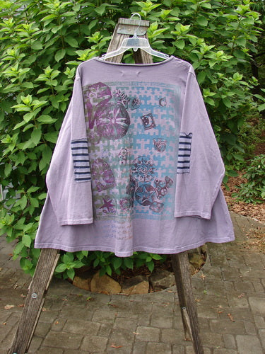 Barclay Sample Open Front Stripe Patch Jacket Rear Celestial Lavender OSFA: A close-up of the long-sleeved, open-front jacket showcasing its detailed stripe patch design, embodying Bluefishfinder.com's unique vintage aesthetic.