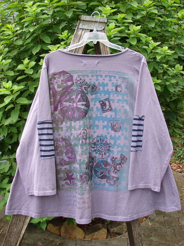 Barclay Sample Open Front Stripe Patch Jacket Rear Celestial Lavender OSFA on a wooden stand, showcasing intricate blue and white designs, reflecting BlueFishFinder.com's vintage and creative fashion ethos.