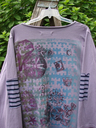 Barclay Sample Open Front Stripe Patch Jacket Rear Celestial Lavender OSFA displayed on a hanger, showcasing intricate patterns and open-front design, reflecting Bluefishfinder.com's vintage aesthetic.