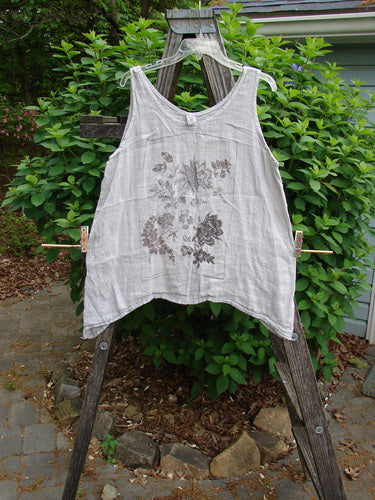 Barclay Linen Atoll Top Floral Blossom Ash Natural Size 0 features a scoop neckline and a-line swing, with blossom-themed paint and flattened edging, showcasing BlueFishFinder's vintage-inspired craftsmanship.