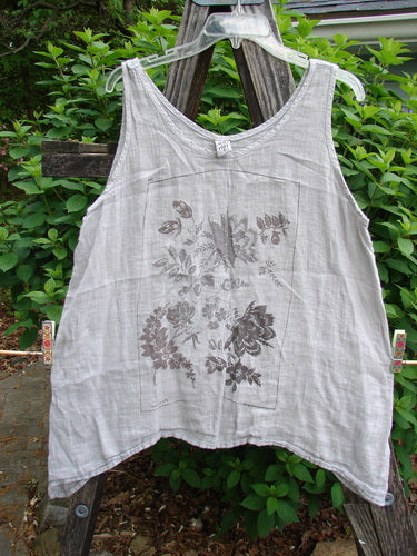 Barclay Linen Atoll Top Floral Blossom Ash Natural Size 0, featuring a scooped neckline, full A-line swing, and continuous blossom theme, crafted from featherweight linen for a breezy summer style.